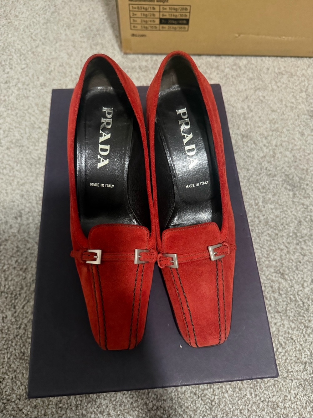 “Authentic” Prada Red Suede Loafers size35 kittenheel